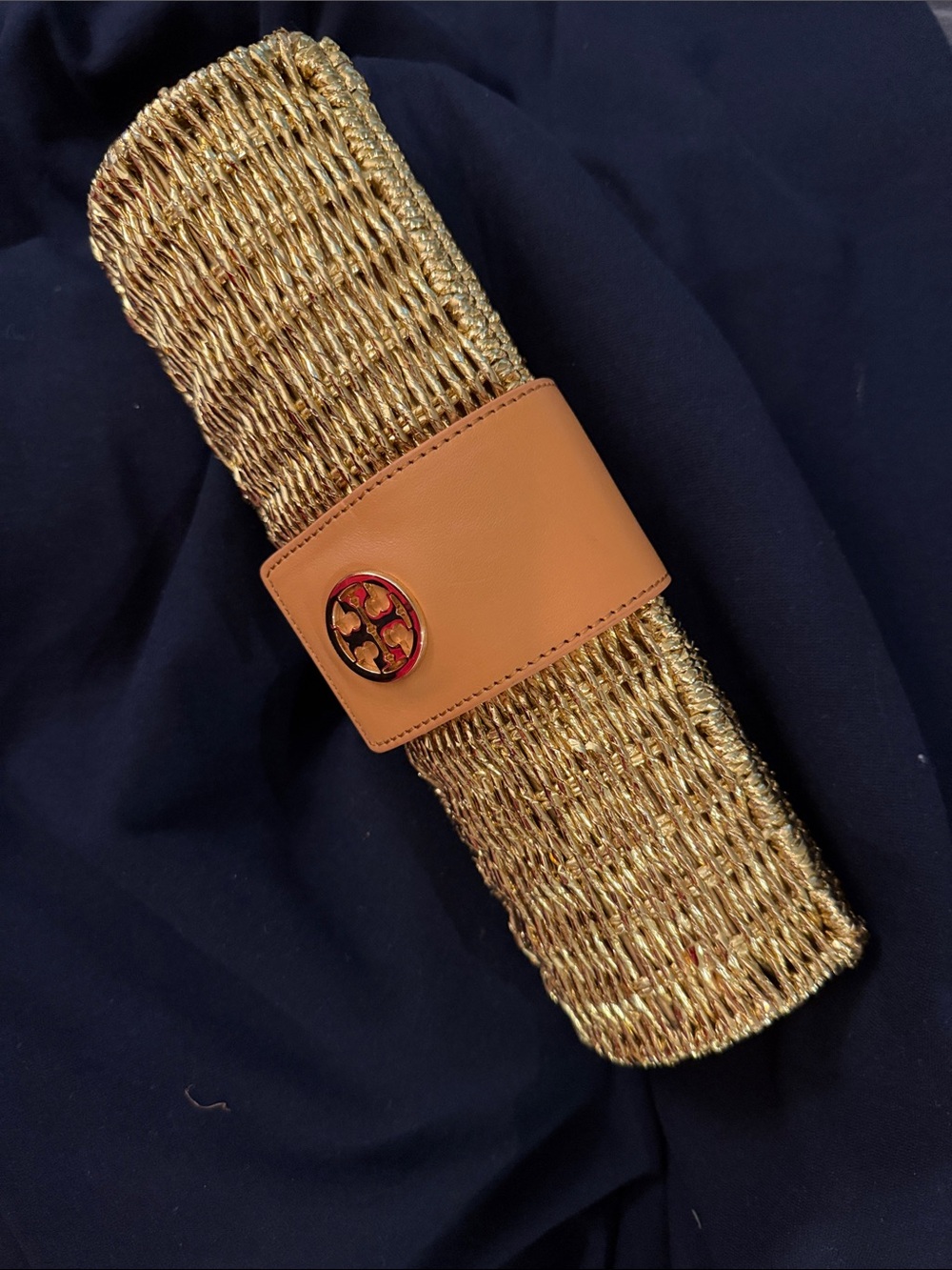 Tory Burch Gold Woven Clutch with Tan Leather Strap and Logo Medallion